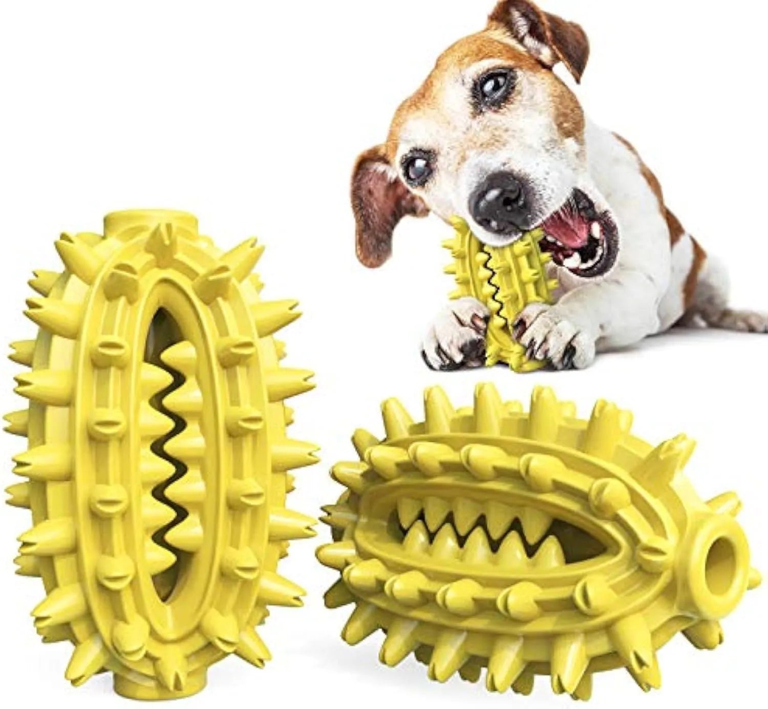 Green or yellow cactus-shaped dog chew toy for dental care, made from durable rubber.