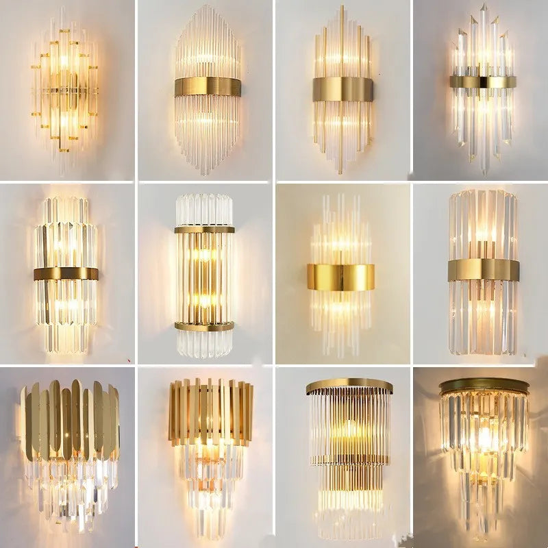 Modern crystal petal-shaped wall lamp in titanium gold finish mounted on a light-coloured wall.