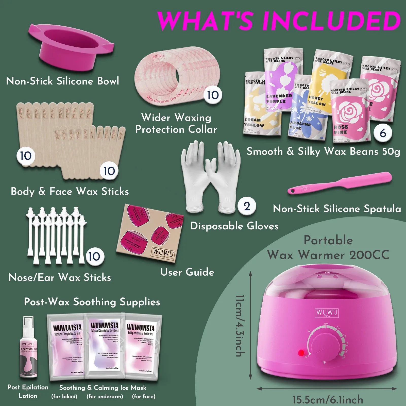 WUWUVISTA 56-piece professional waxing kit with black wax warmer, coloured wax beads, applicators and aftercare products
