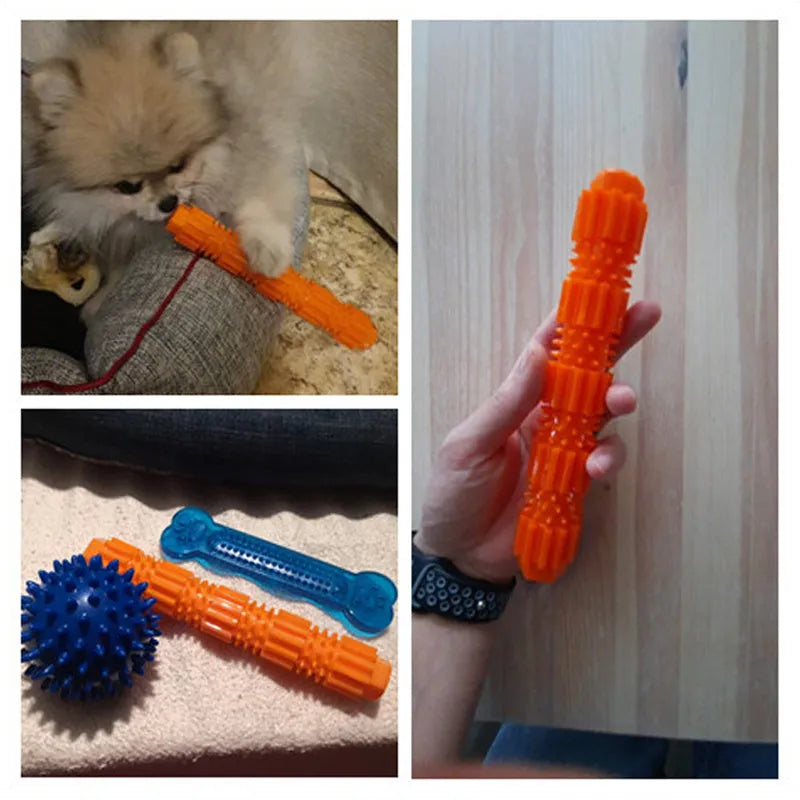 Green and orange durable rubber dog chew toy with squeaker and treat-dispensing hole.