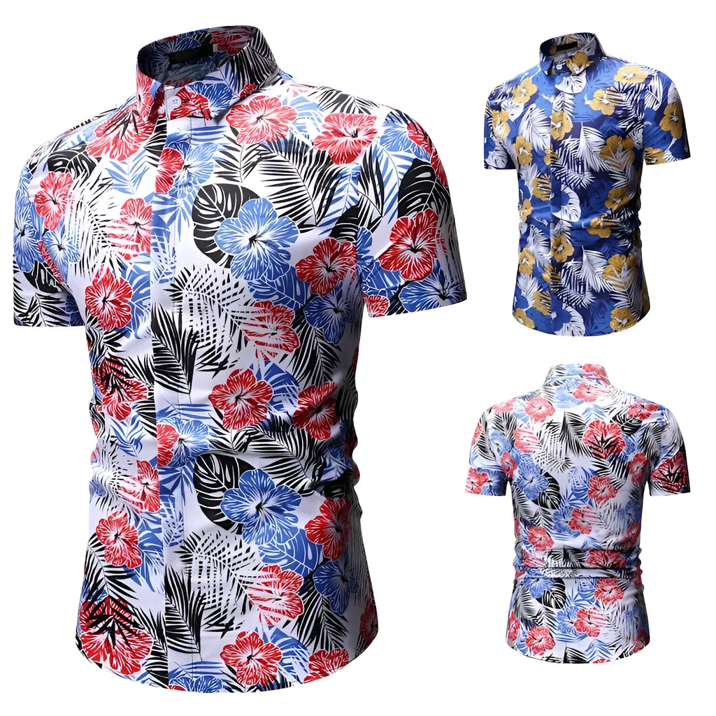 Men's summer beach short-sleeved floral shirt with square collar in blue polyester fibre