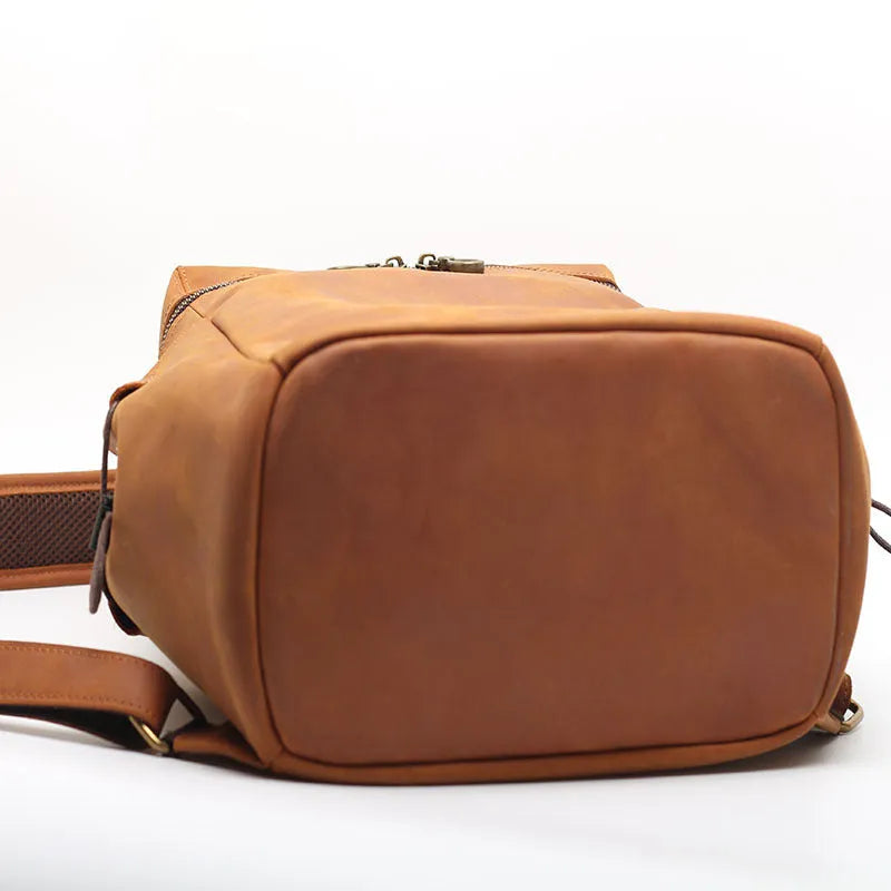 Classic retro backpack in brown Crazy Horse leather cowhide with multi-compartment and sewing thread detailing