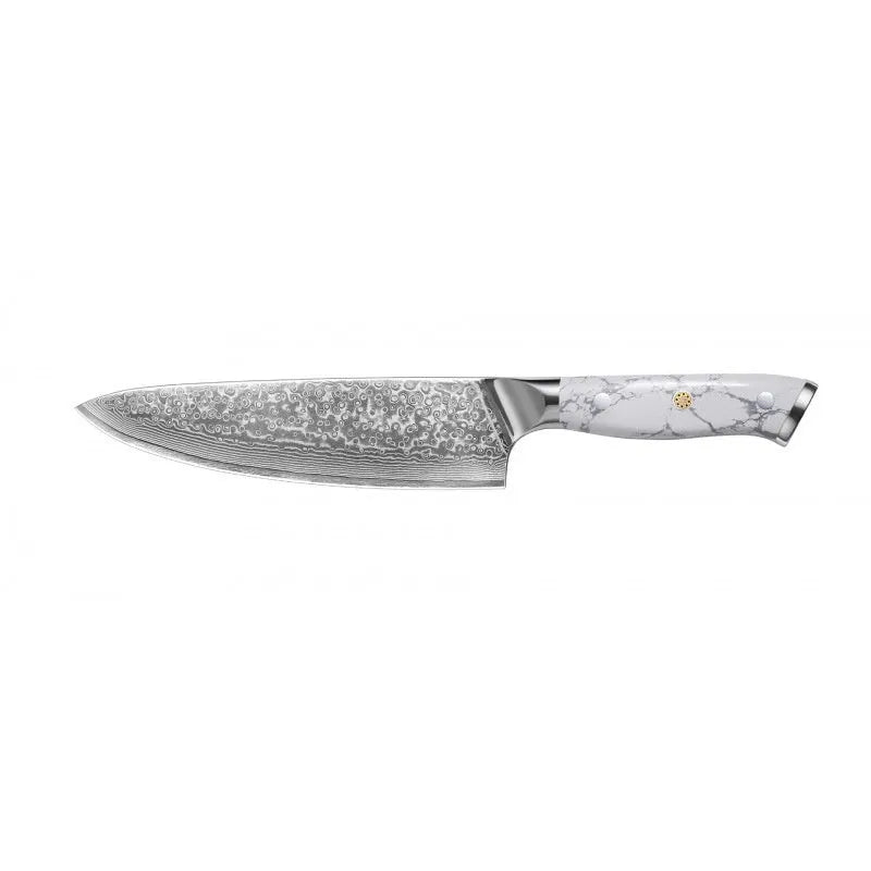 Damascus pattern chef knife with VG10 steel blade measuring 21cm, shown on a kitchen counter.