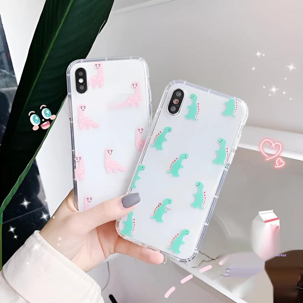Cute cartoon little dinosaur silicone TPU phone case, drop-resistant back cover for iPhone, green colour with air cushion shell