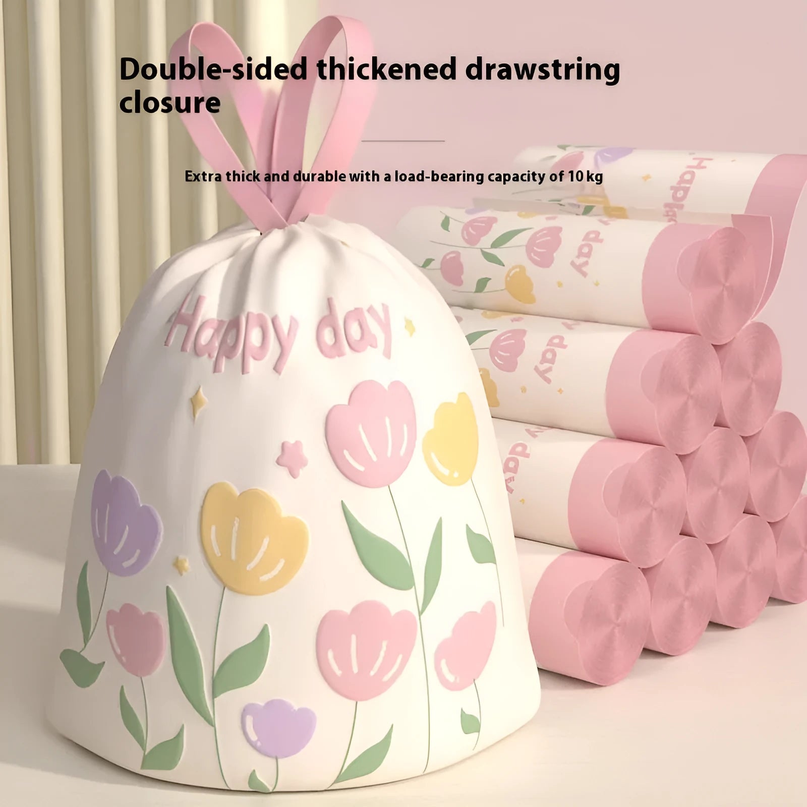 Pink degradable drawstring garbage bag with argy wormwood mosquito repellent, size 44cm by 48cm.