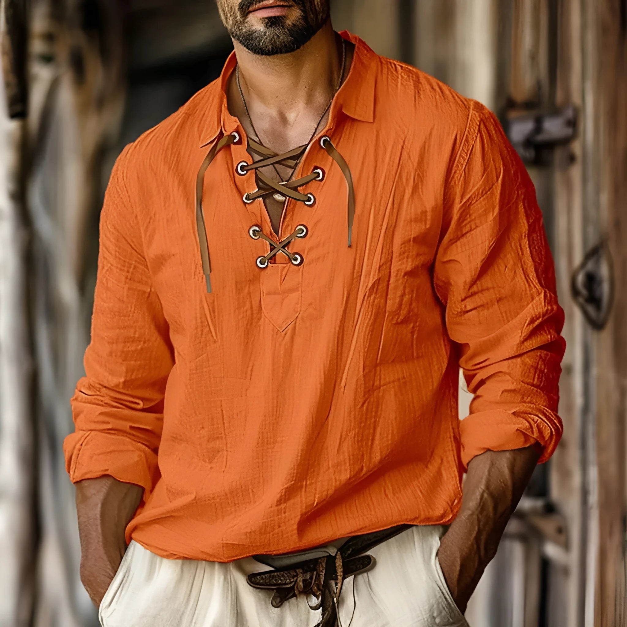 Men's loose fit linen blend shirt with lace detail on lapels, in solid blue colour.