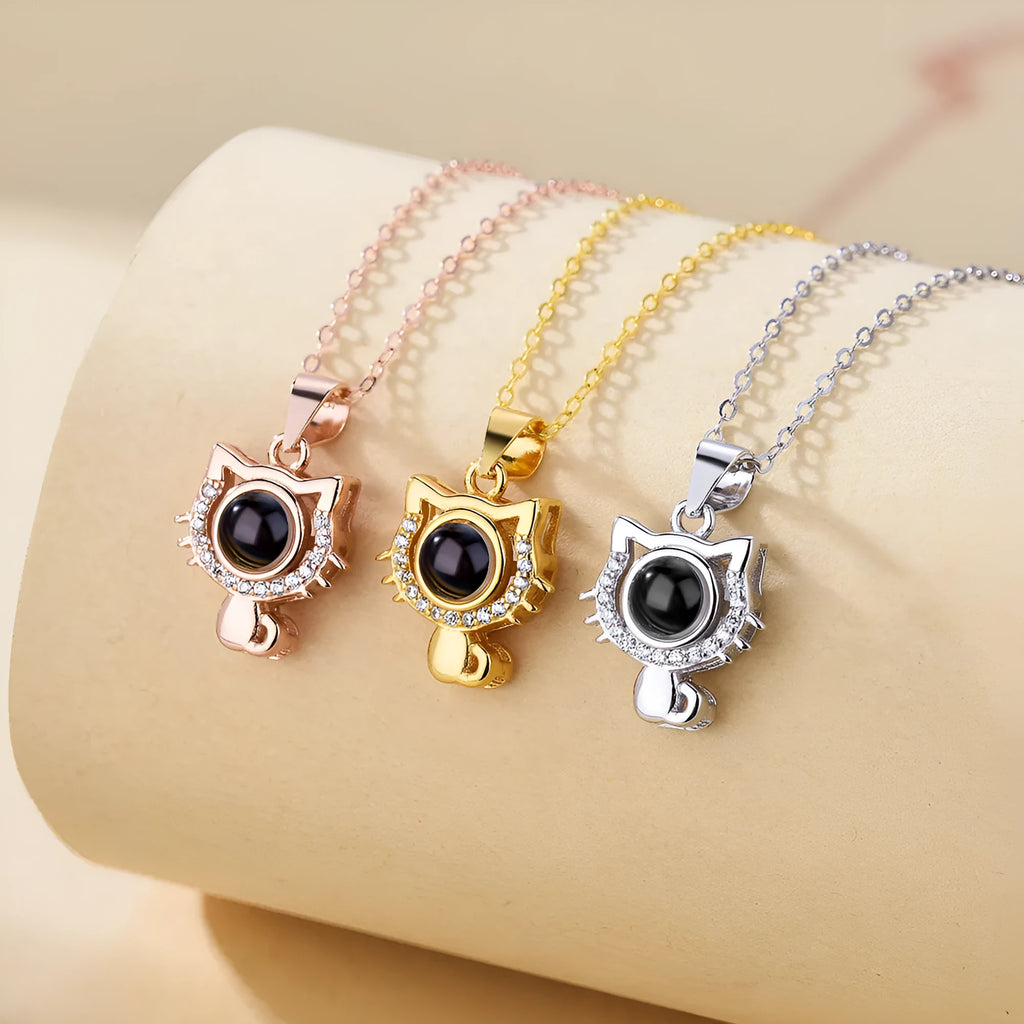 I Love Your Cat Photo Customized Projection Necklace 925 silver pendant with cat photo customisation in white gold finish