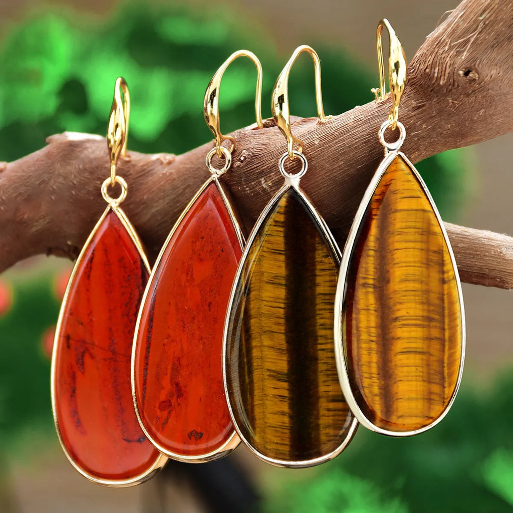 Vintage Tigereye stone drop earrings with handcrafted texture details and water drop pendant shape