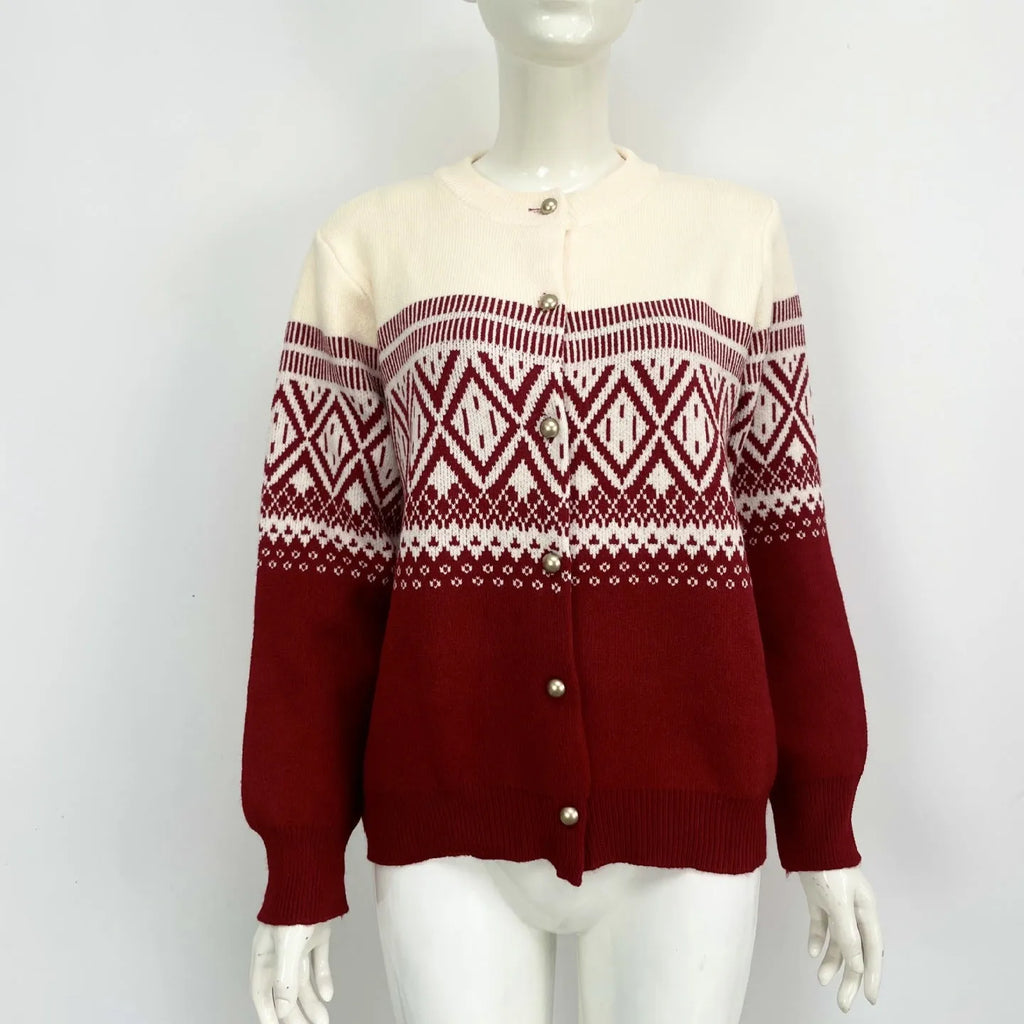 Women's grey alpaca wool diamond knitted cardigan with contrast colour sleeves