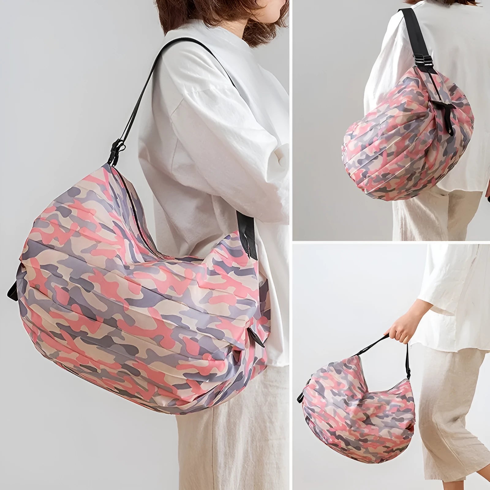 Foldable large-capacity shopping bag in 210d Oxford cloth with pink camouflage colour, hanging on a wall hook