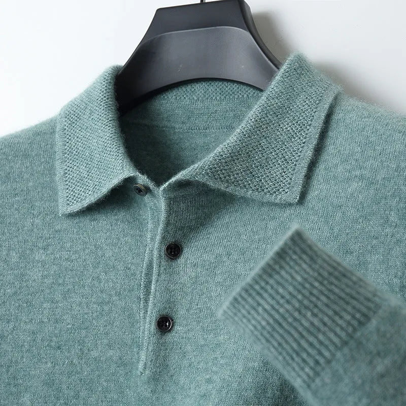 Men's wool polo collar pullover sweater in multiple colours with long sleeves and collage stitching detail.