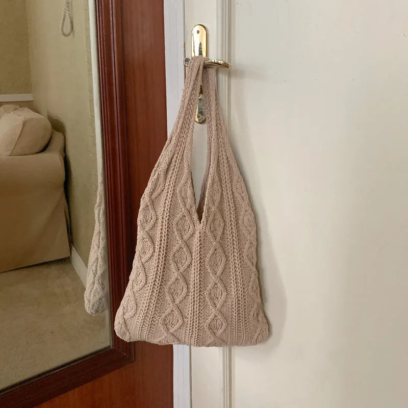 Retro woven shoulder tote bag with hollow knit design in solid colour with double straps