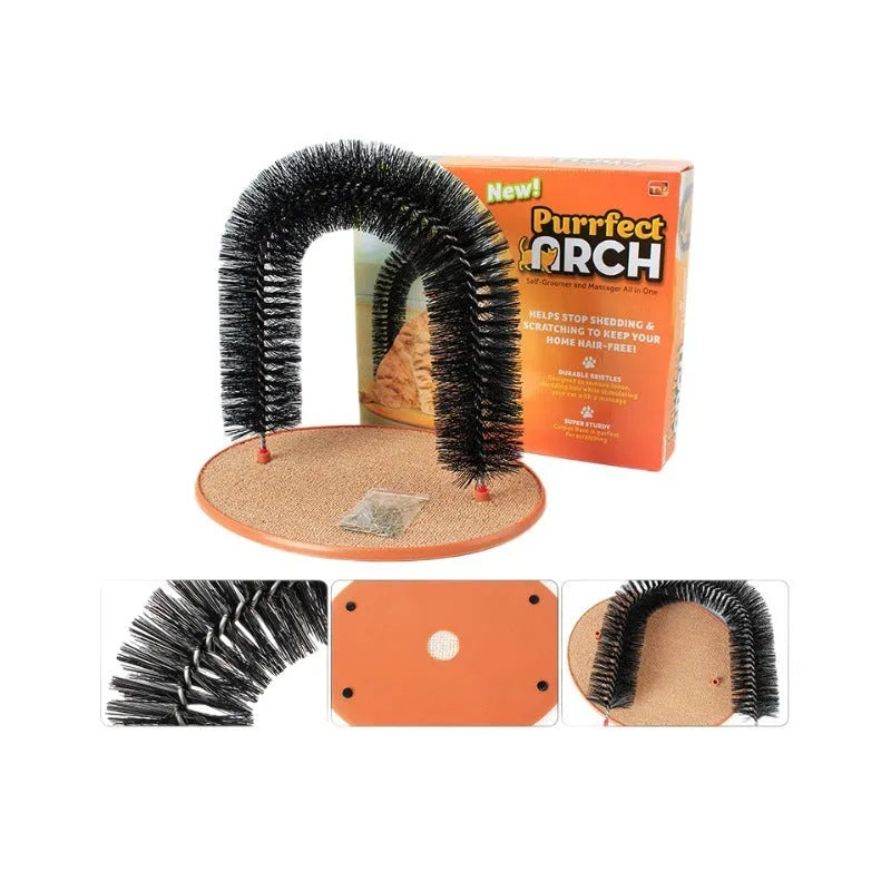 Plastic arch cat grooming station with built-in brush bristles for scratching and rubbing