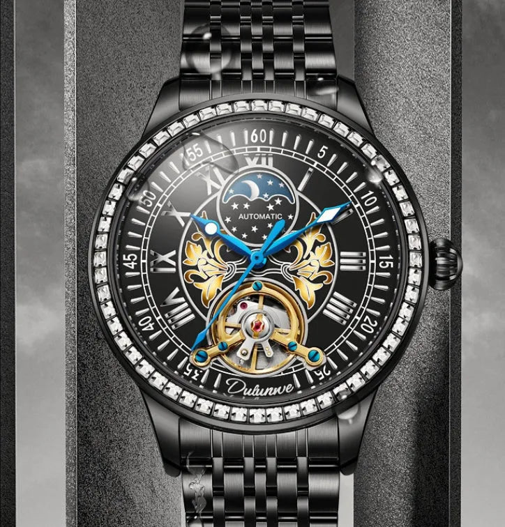 Men's waterproof mechanical watch with stainless steel case, round dial, and butterfly buckle in rose gold colour.