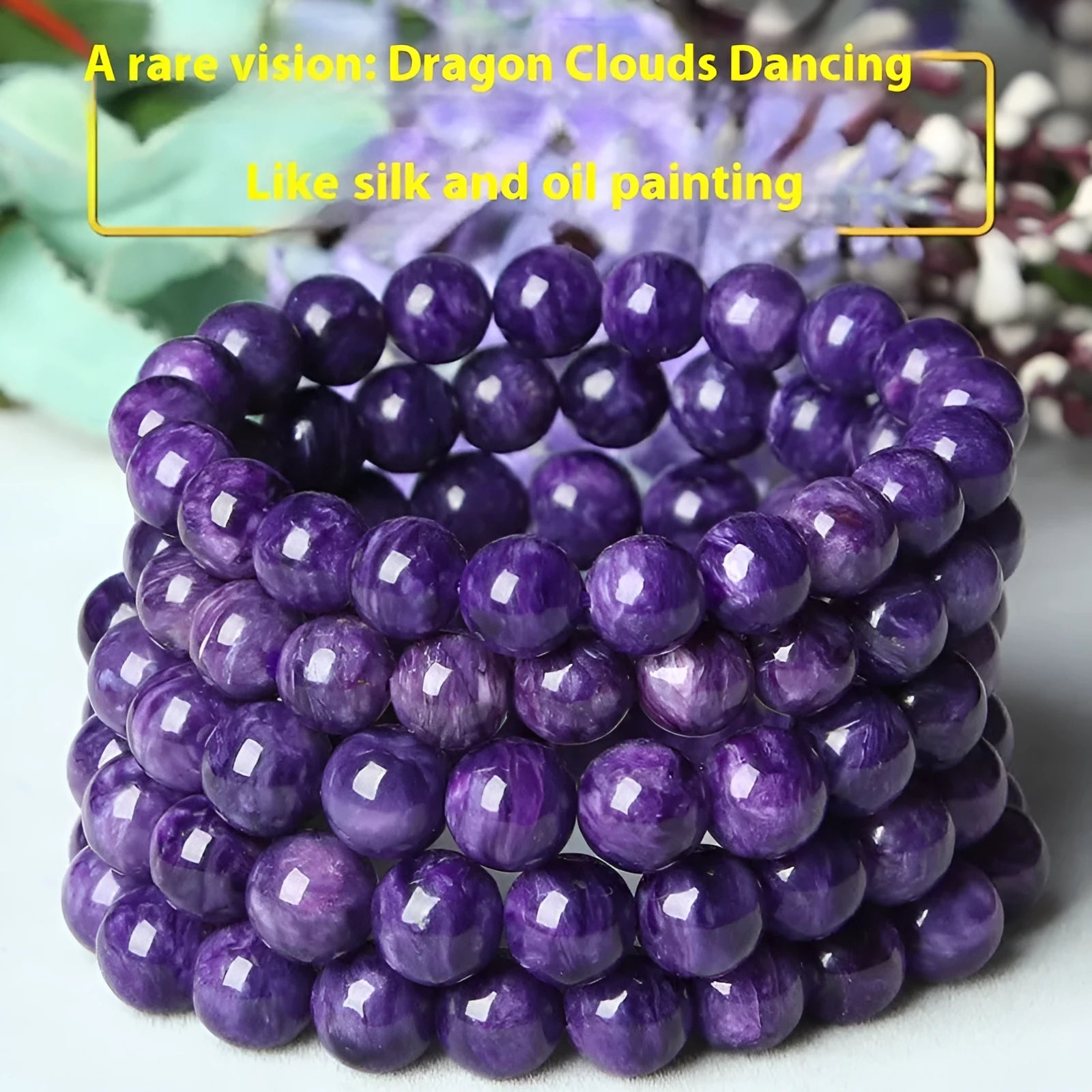 Natural transparent charoite crystal bracelet with platinum clasp, showing different bead size options.