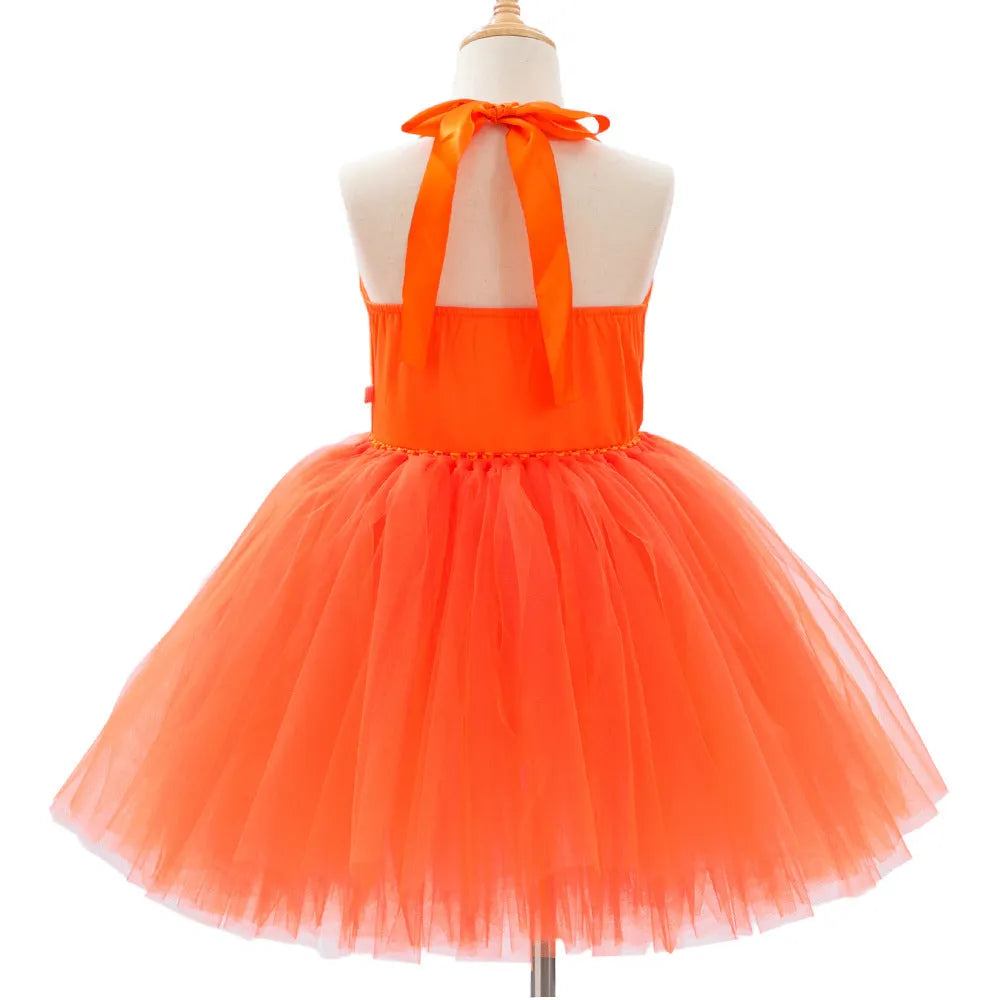 Children's creative festival Halloween cute pumpkin girl dress in orange yarn with mesh fabric and sling style