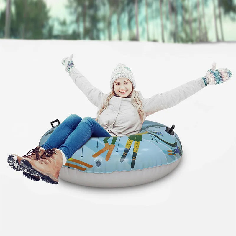 Outdoor PVC ski ring toy for snow play in flame red, ice-snow blue, or snow mountain design.