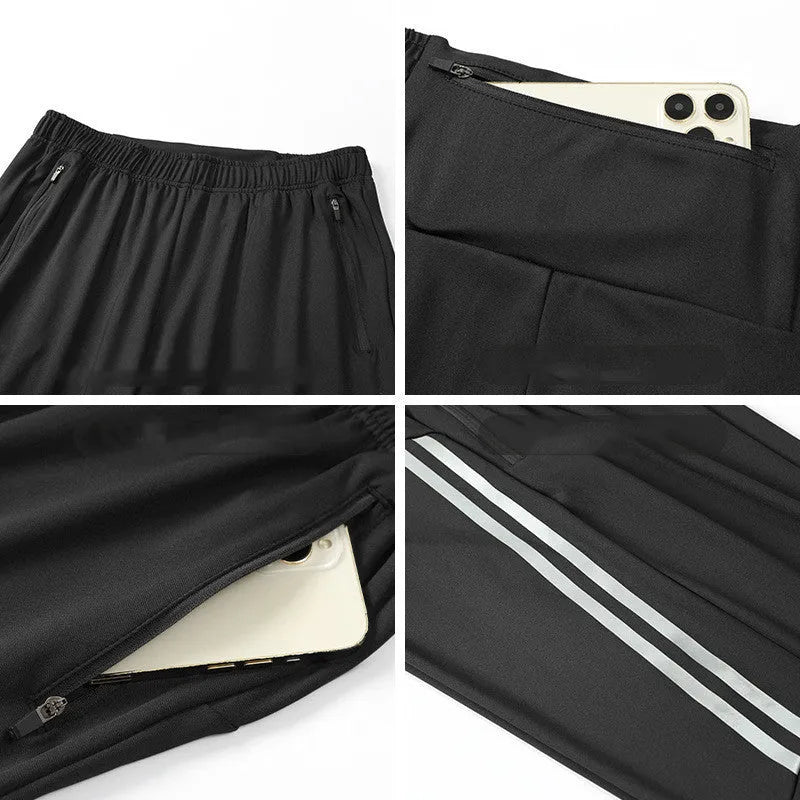 Men's black running trousers with mid waist design and breathable polyester construction for spring exercise