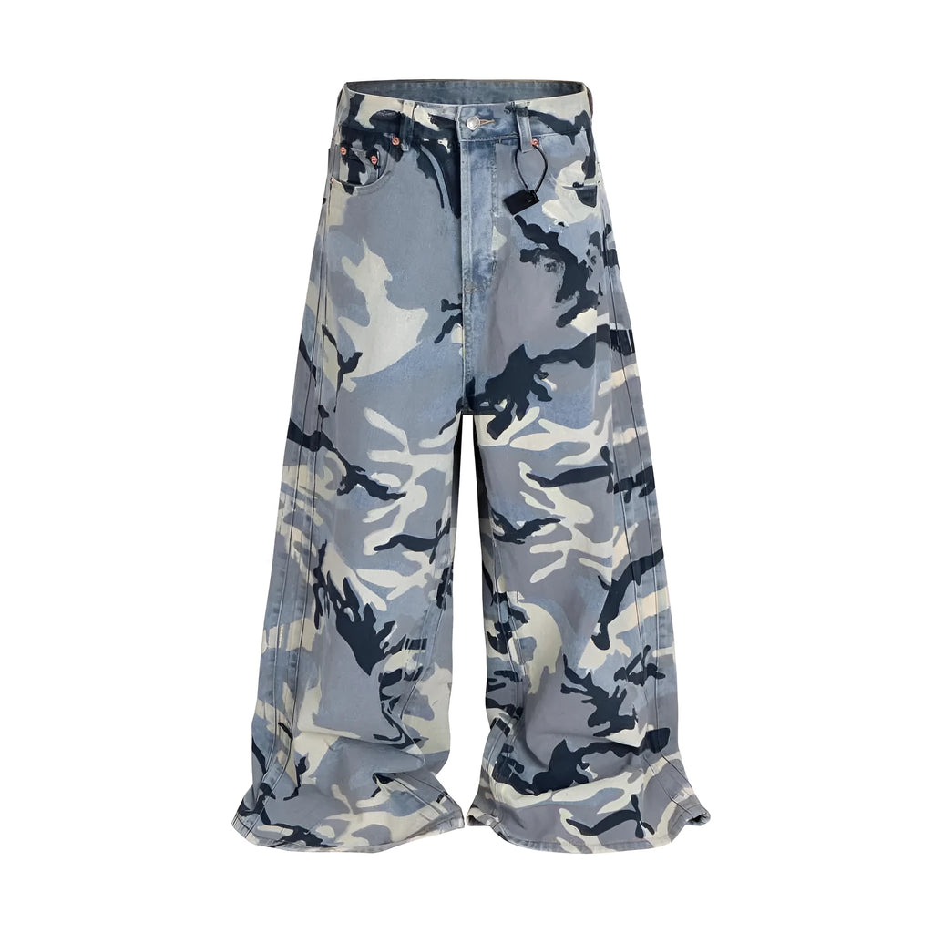 Snow camouflage blue loose-fit denim jeans laid flat, showing mid waist and trouser cut.