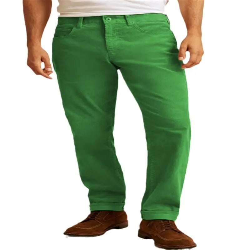 Straight-leg corduroy trousers in solid colour with mid waist and zip fly closure