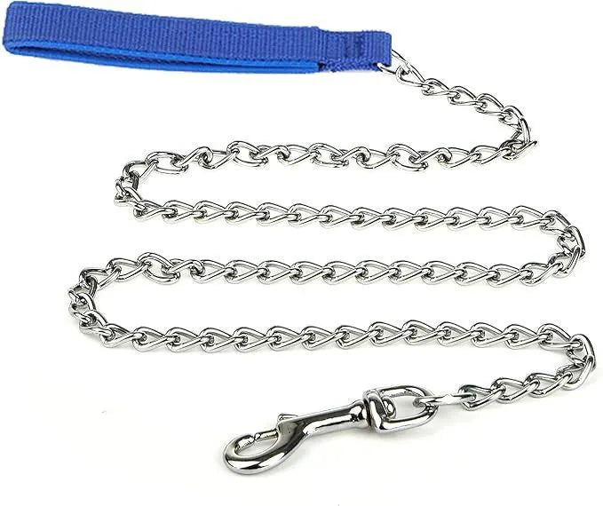Heavy duty metal dog leash chain with soft black padded handle, shown with red collar attachment.