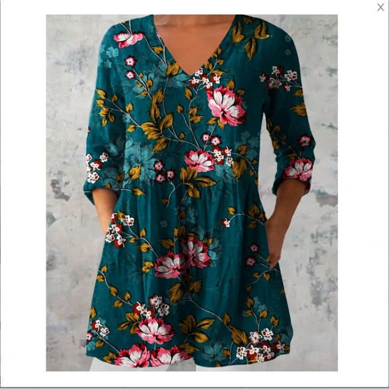 Women's printed loose dress with wave pattern, 3/4 sleeves and elastic waistband
