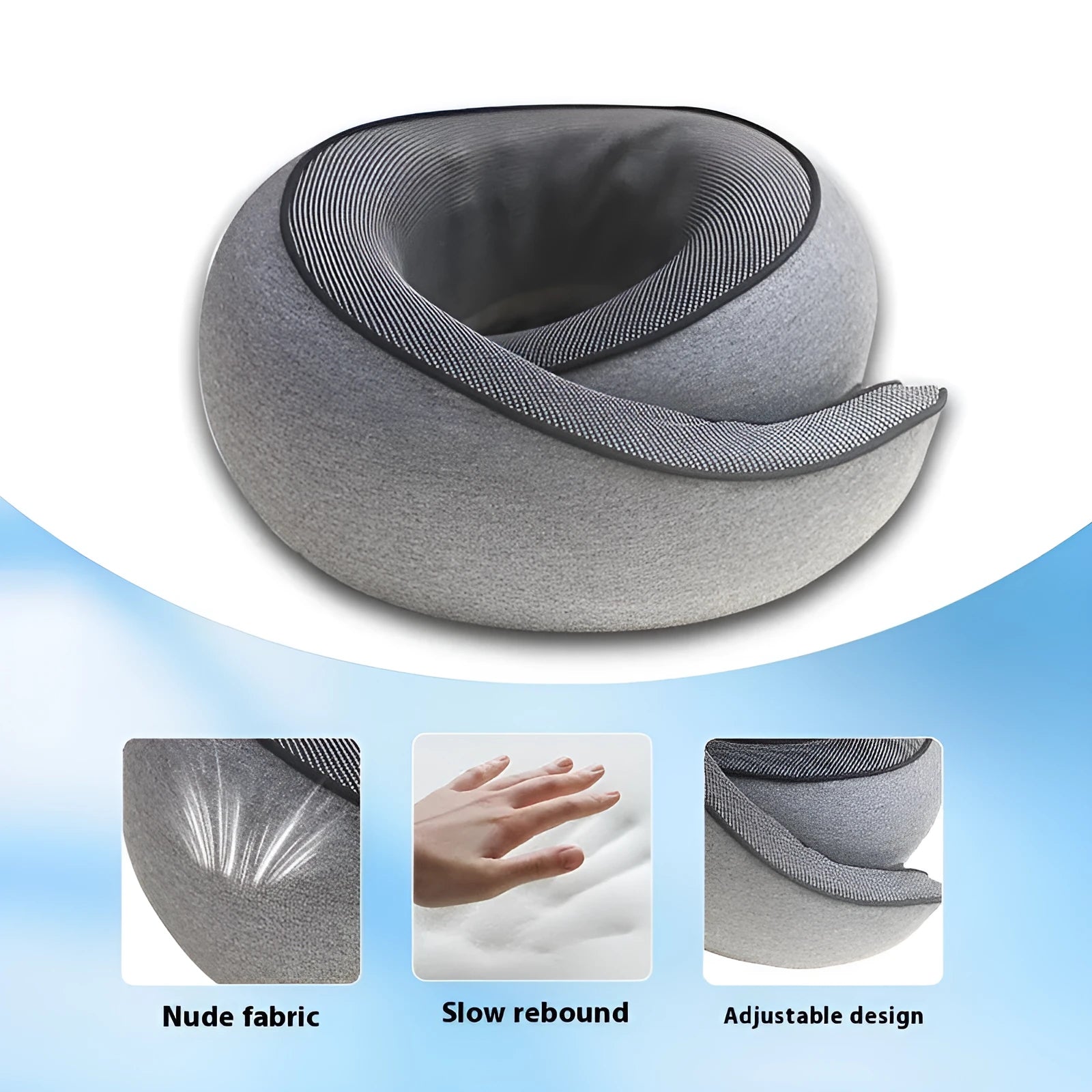 U-shaped memory foam travel neck pillow in light grey with a storage bag.