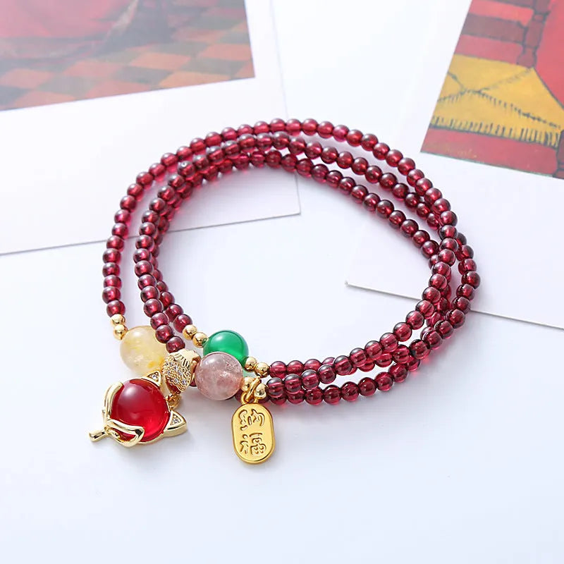 Purplish red garnet fox bracelet with adjustable string for women