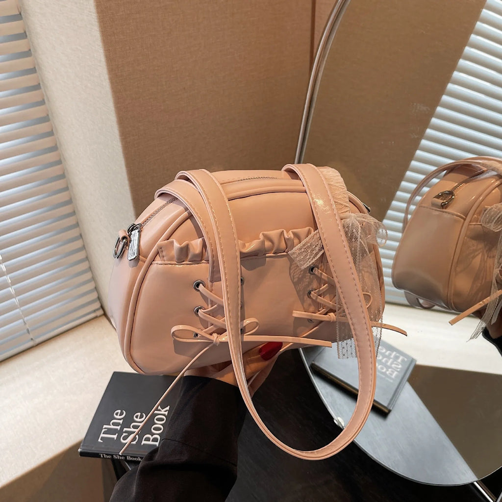 Women's casual PU shoulder handbag with a bandage bow and internal phone pocket in beige, black, blue, or pink.