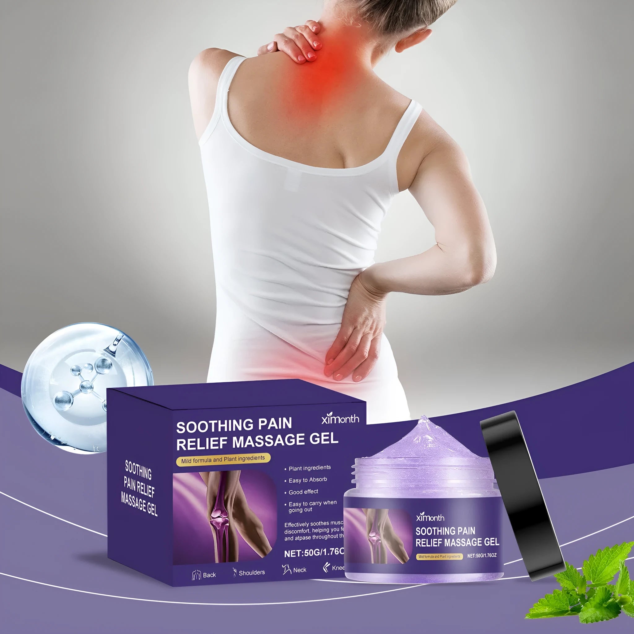 50g tube of cooling joint care gel for shoulders, back, knees, and elbows.