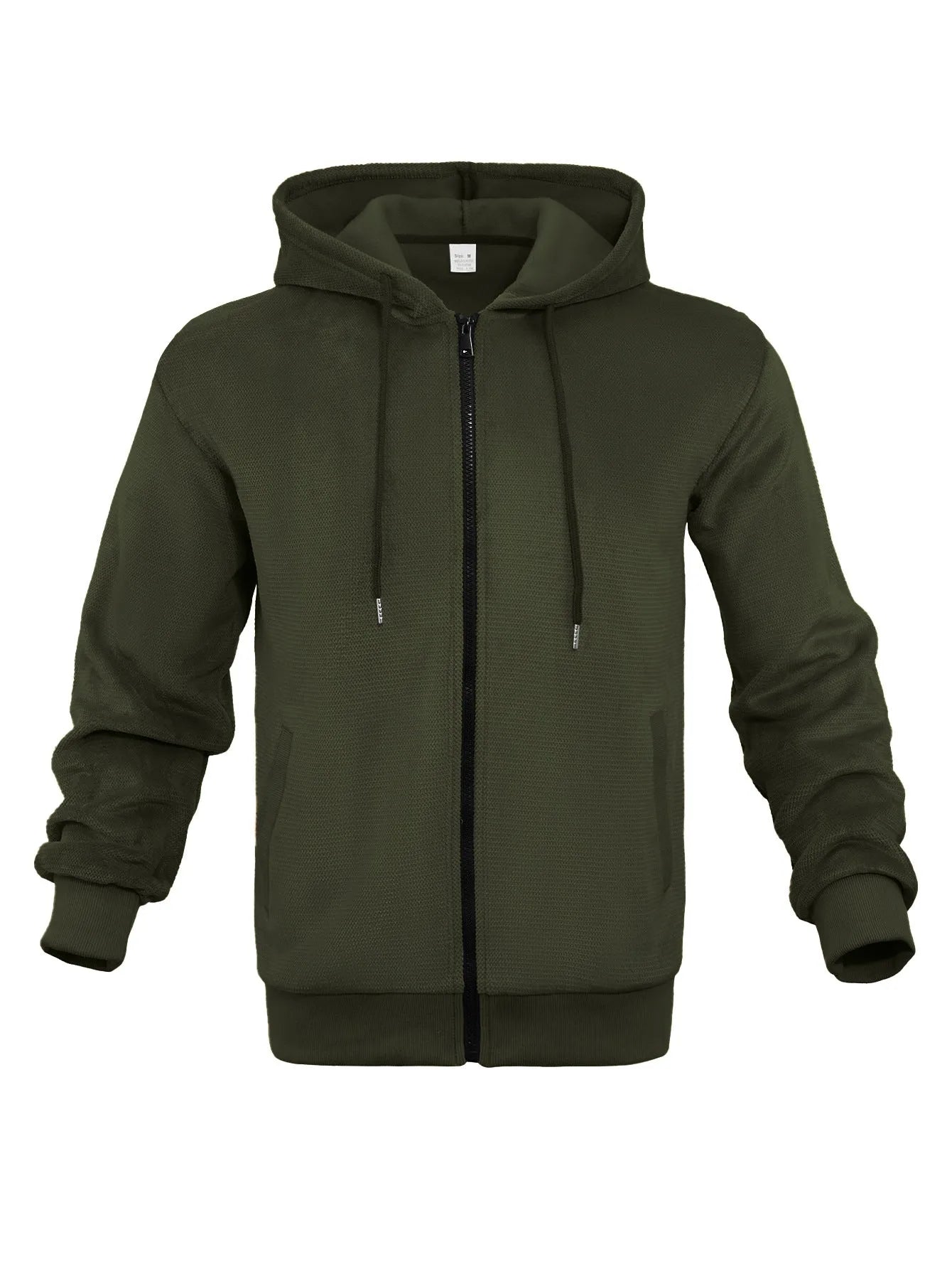 Men's fleece lined zippered hooded sweatshirt cardigan in military green on a model, front view, long sleeves, zip front