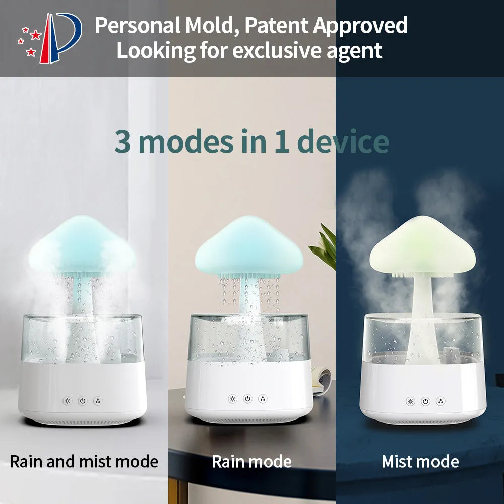 2-in-1 desk humidifier with raining cloud design, essential oil diffuser, and night light in white plastic finish