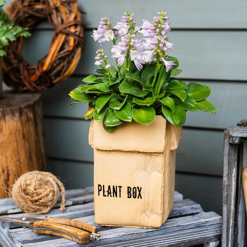 Cement brown paper box style flowerpot with a drainage hole, shown in a Nordic interior setting.