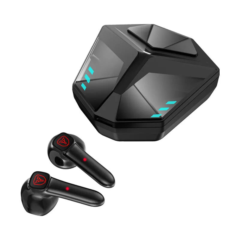 Wireless black Bluetooth gaming headset with over-ear cups on a grey background
