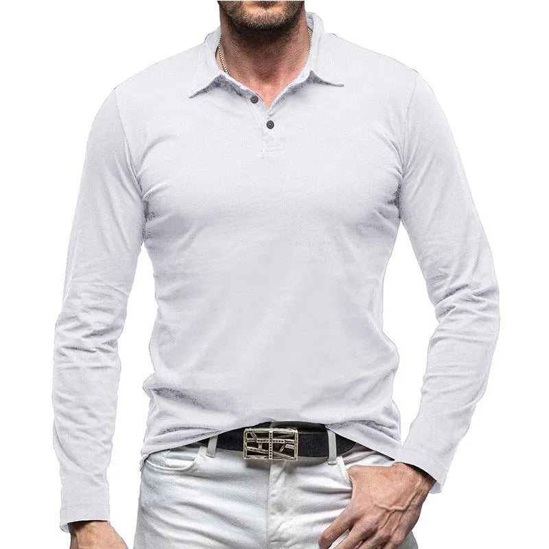 Men's long sleeve polo collar cotton T-shirt in American retro style shown in dark grey