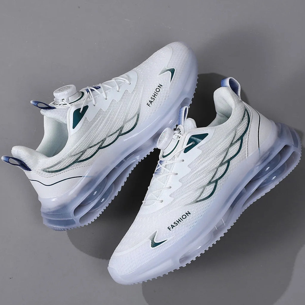 White men's casual running shoes with mesh upper, rotating button lace-up, and rubber sole.