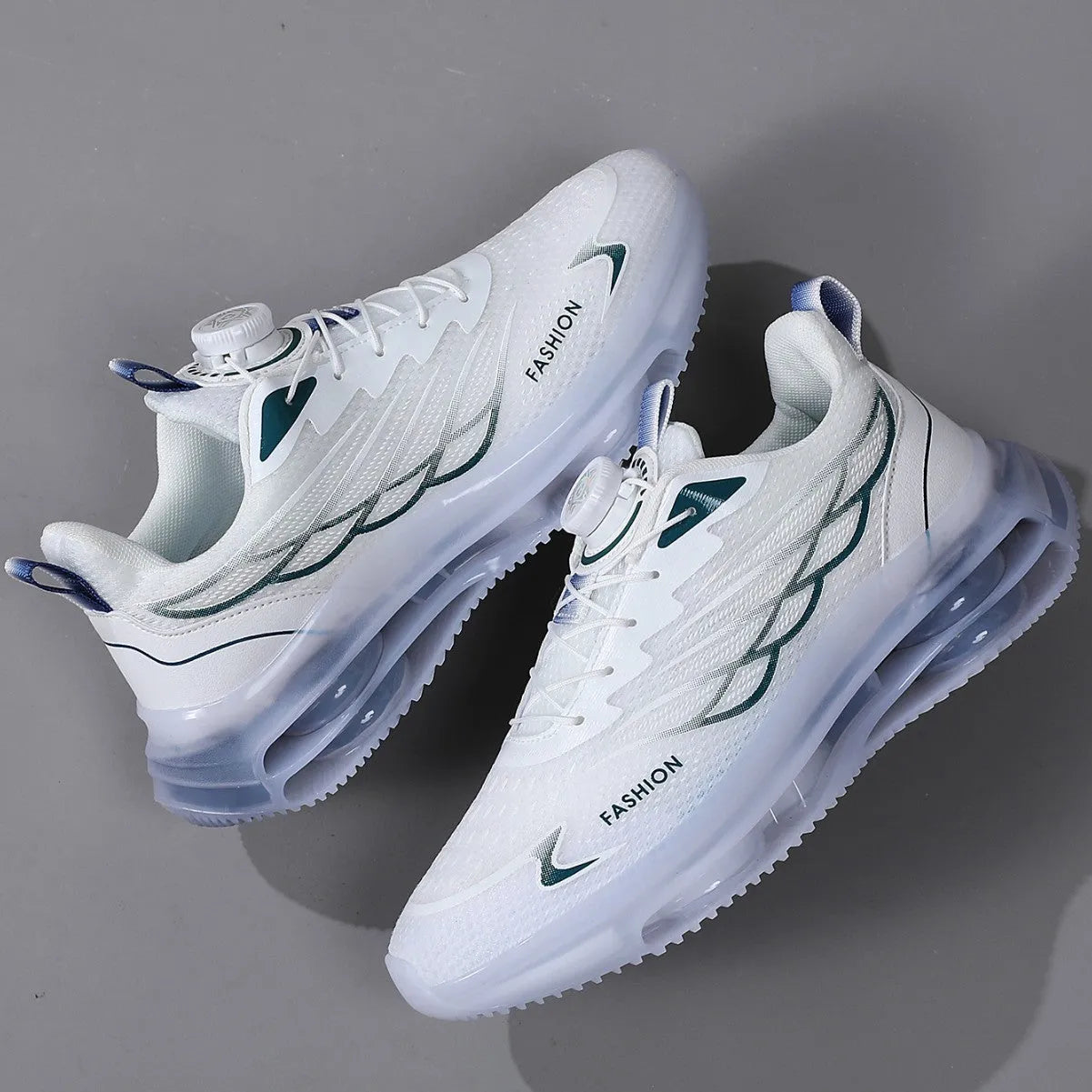 White men's casual running shoes with mesh upper, rotating button lace-up, and rubber sole.