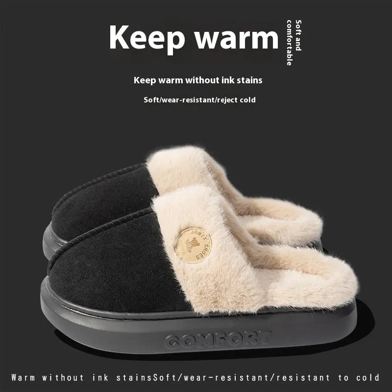 Pair of thick-soled fleece slippers in multiple colour options on a white background.