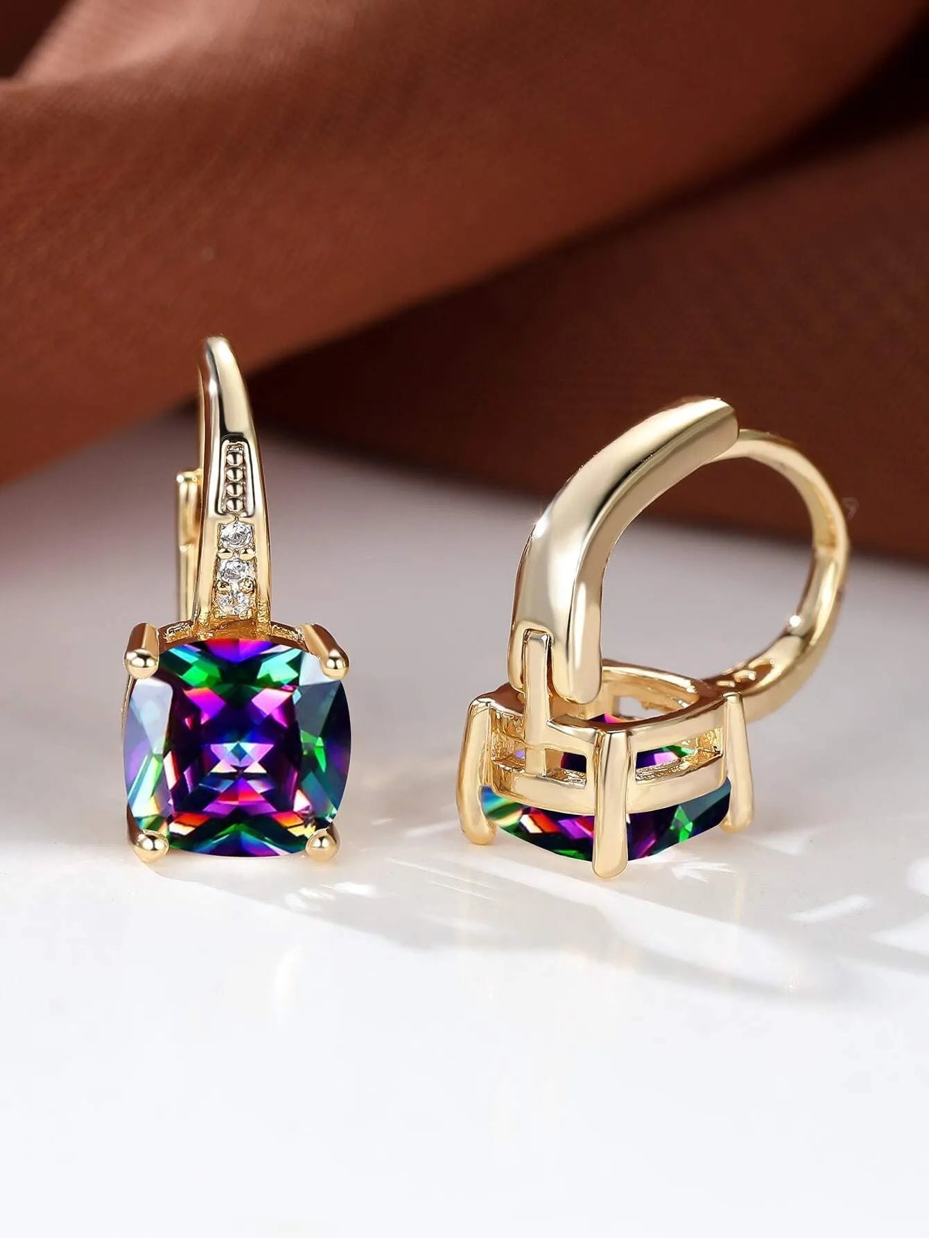 Square geometric moissanite ear clip in gold electroplated finish with quadrilateral design