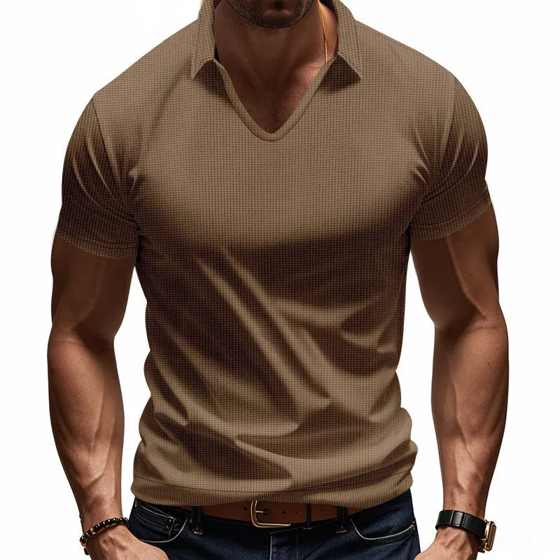 Men's loose fit V-neck t-shirt in cotton blend fabric showing short sleeves and solid colour design