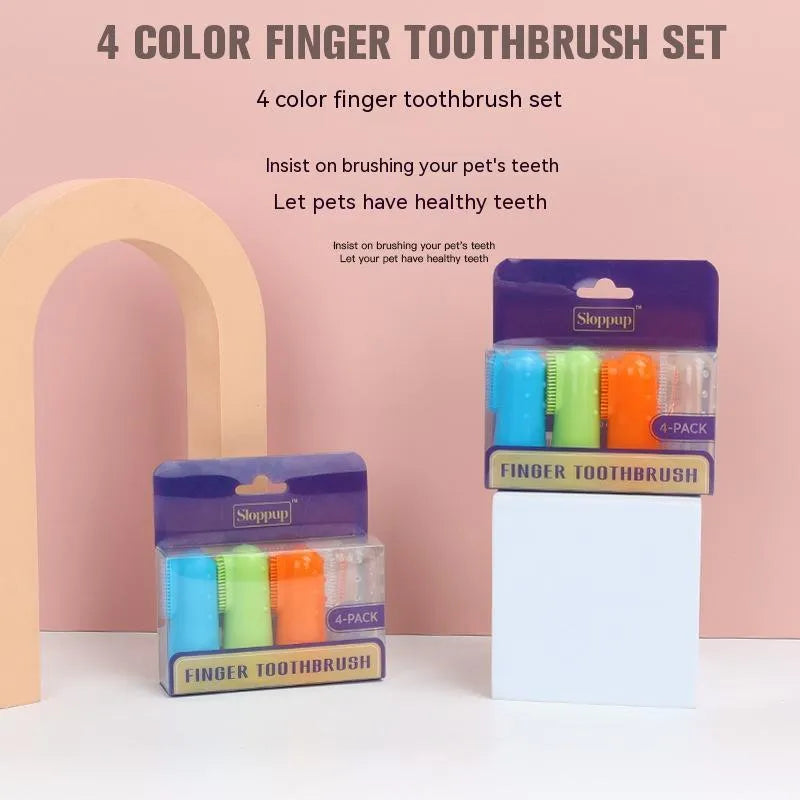 Boxed set of 4 pet finger toothbrushes in pink and blue TPR material on white background