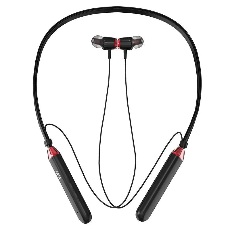 Wireless Bluetooth neck-hanging sports headset in black with digital battery display, bilateral stereo ear cups