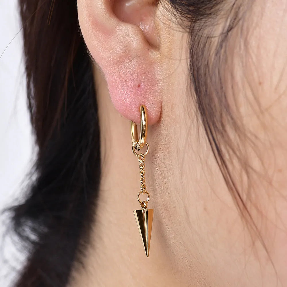 Fashion stainless steel quadrihedron pendant earrings, geometric cone shape, gold electroplated finish, for women