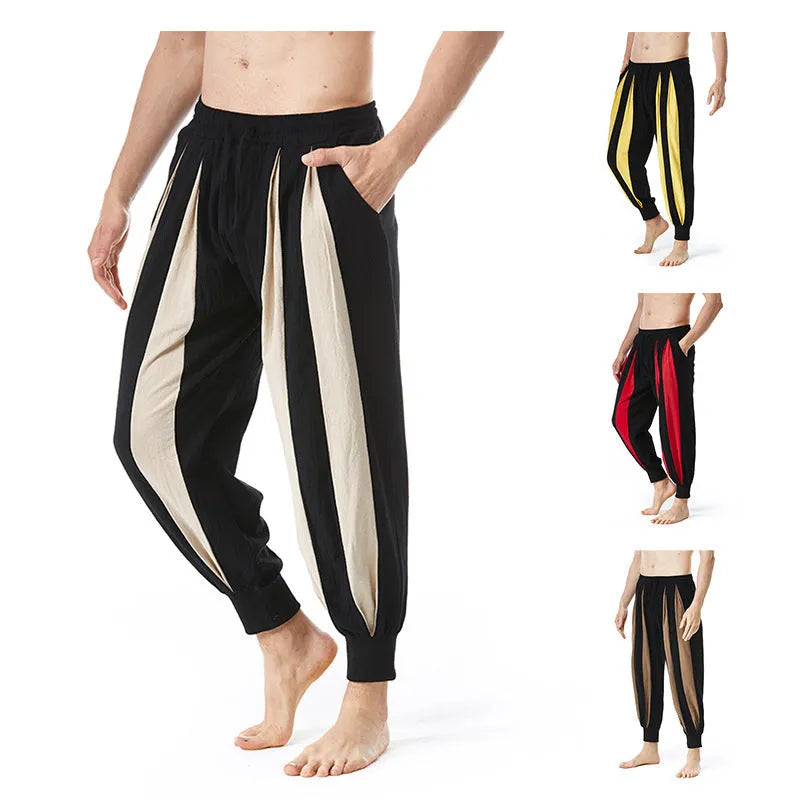 Men's straight-leg casual trousers in brown, khaki, red, and yellow colours for spring.