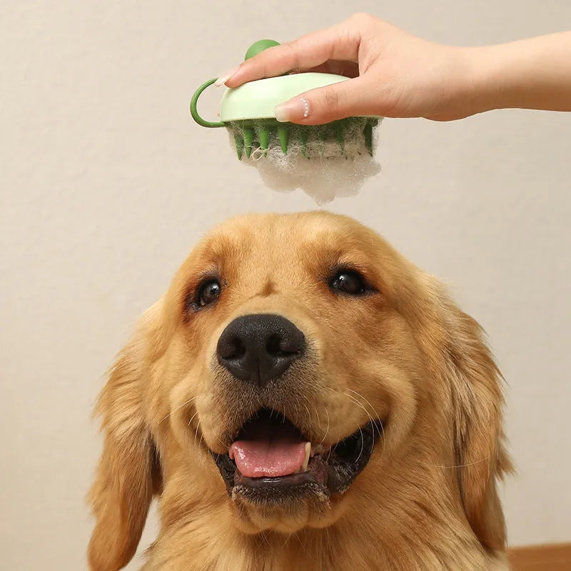 Handheld silicone pet hair remover comb with soft TPR bristles and ABS plastic handle in dark blue colour
