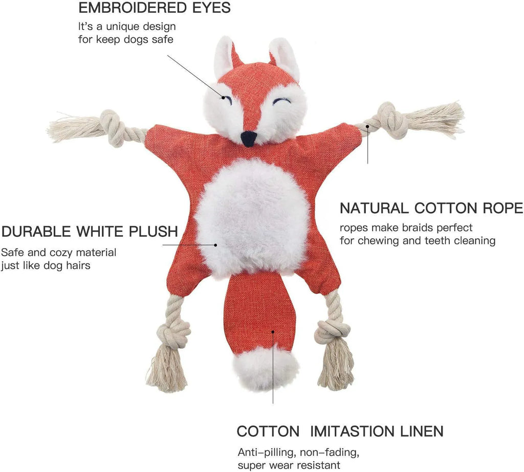 Brown fox plush dog toy with embroidered eyes, cotton rope arms and legs with knots