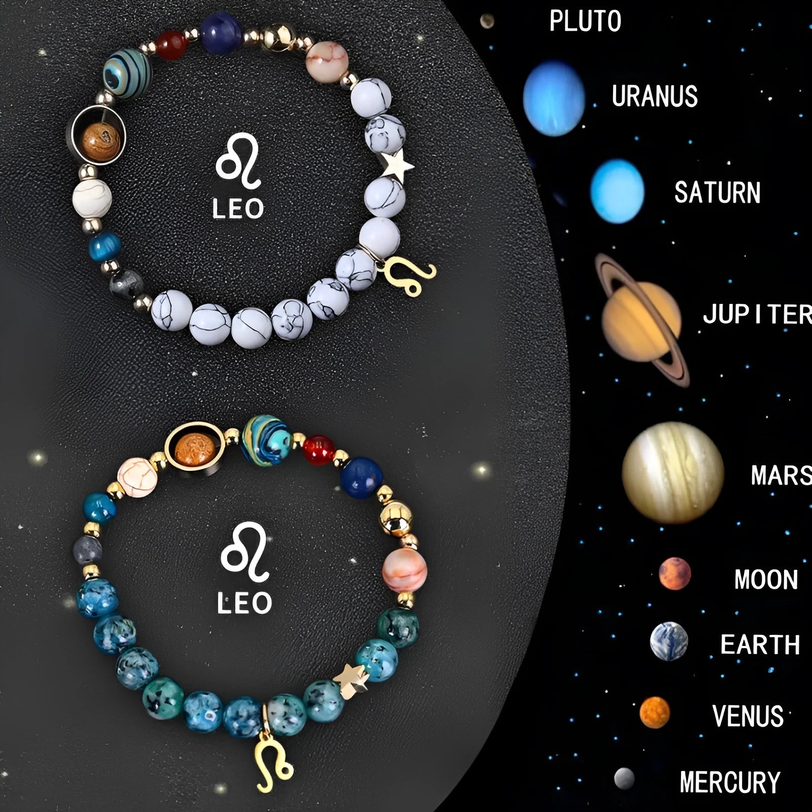 Set of twelve natural stone bead zodiac bracelets showing different star sign designs with adjustable strings