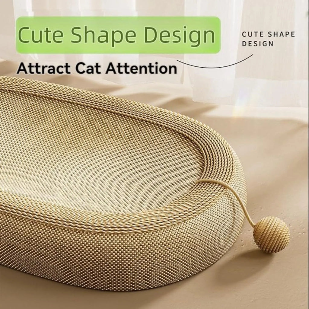 Large natural sisal fibre cat scratching board with a raised lounging platform in a beige colour.