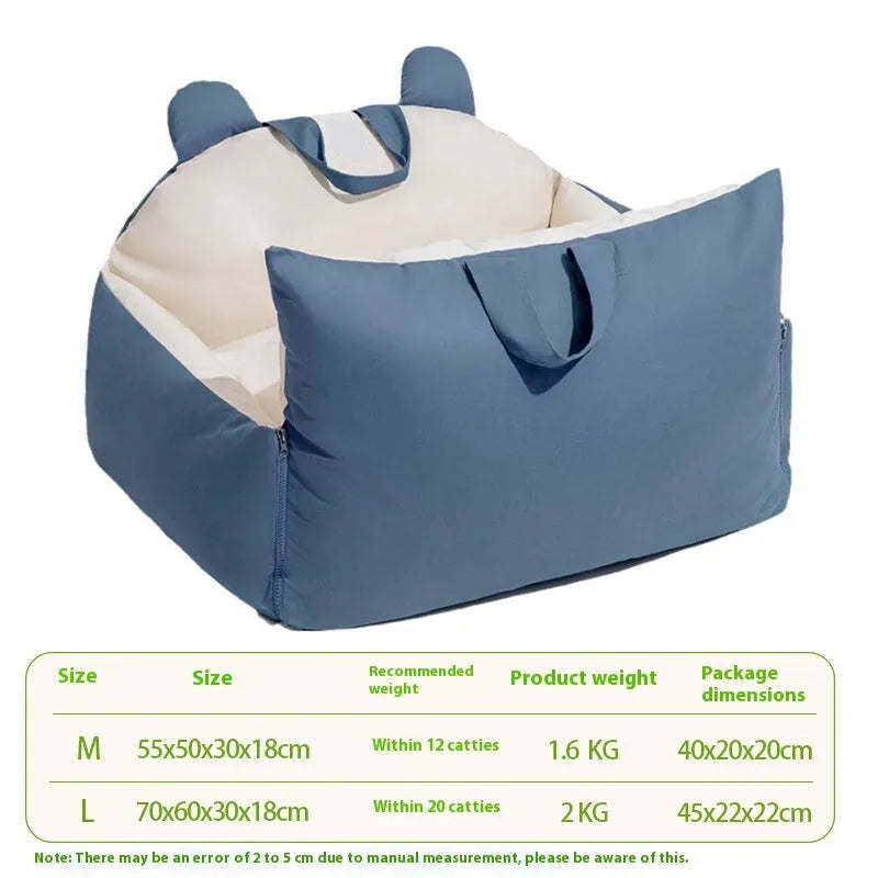 Removable and washable dog car kennel in beige, showing medium and large size options.