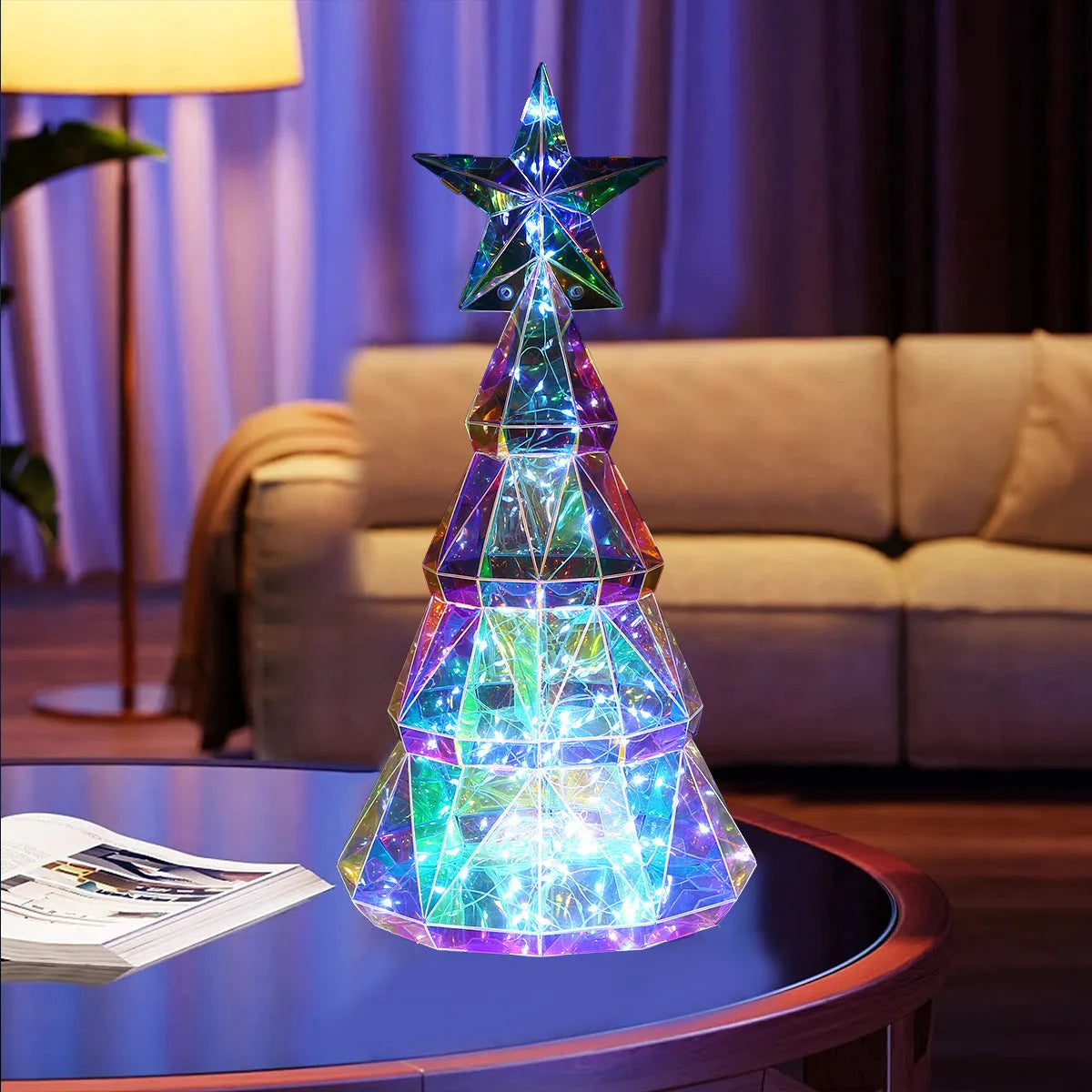 Colourful cartoon-style LED-lit Christmas tree decoration made from PET plastic